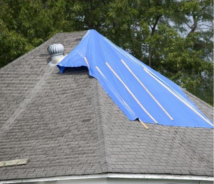 Storm damaged roof; blue tarp installed by SERVPRO protecting damaged area