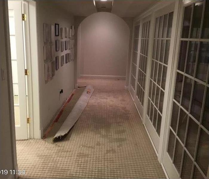 A long carpeted hallway with water damage spots